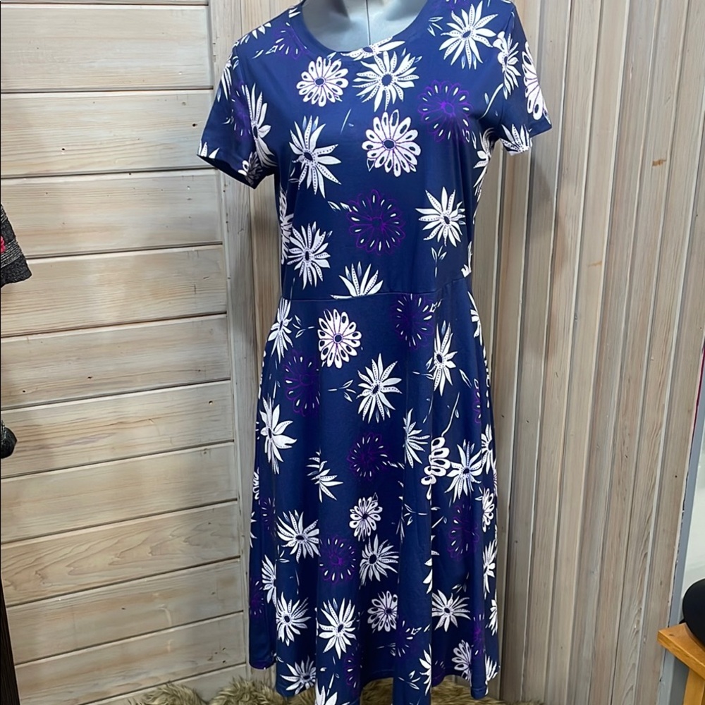 Blue and White Casual Midi Sundress with Crew Neck